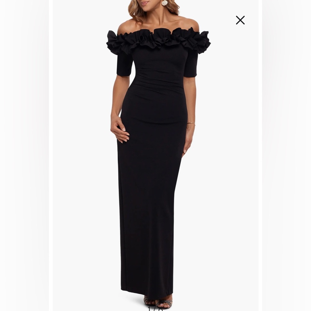 Xscape Ruffle Off the Shoulder Crepe Column Gown Slit Dress Formal Black Size 10